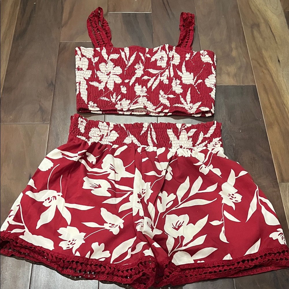 Elegant Red Floral Two-Piece Set
